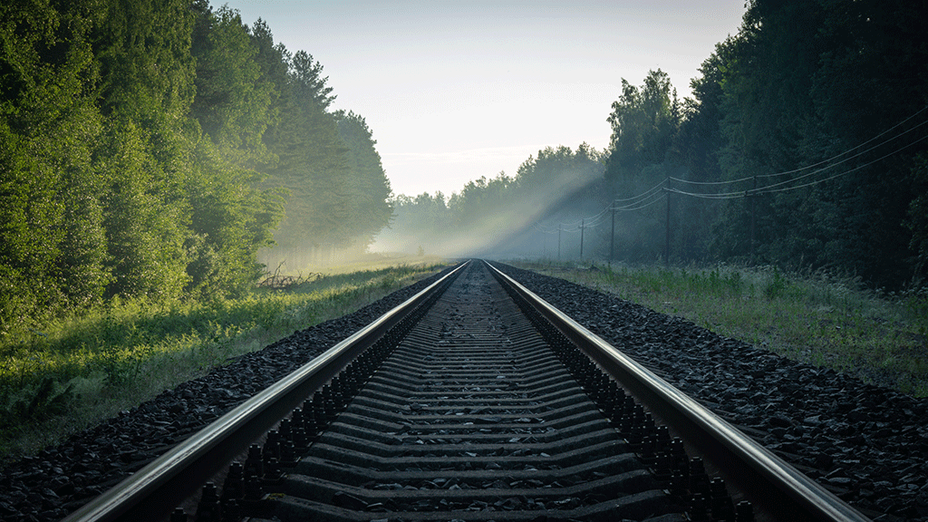 Train tracks leading towards a forest with trees on both sides of the tracks.