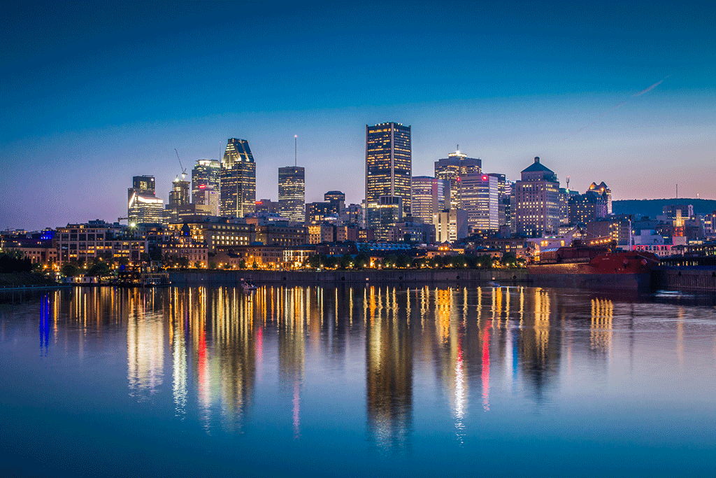 Wide angle view of the Montreal skyline.