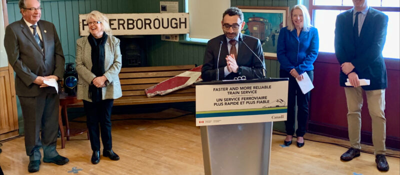 His Worship Jeff Leal, Mayor of Peterborough; Bonnie Clark, Peterborough Warden; the Honourable Omar Alghabra, Minister of Transport; Sarah Budd, President and CEO, Peterborough and Kawartha's Chamber of Commerce; at the February 23 update on the next steps for the HFR project in Peterborough, Ontario.