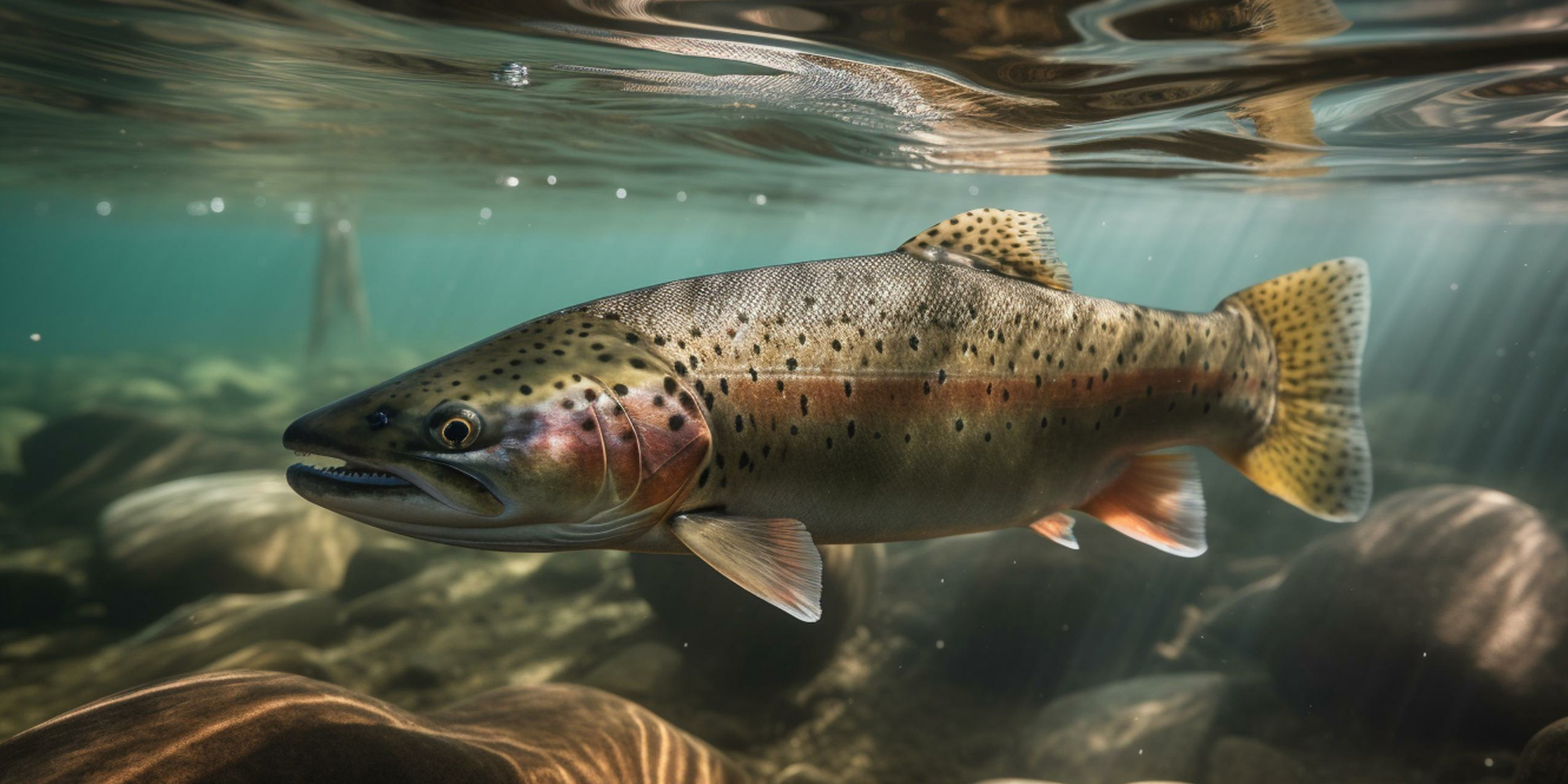 A rainbow trout swimming in the water.