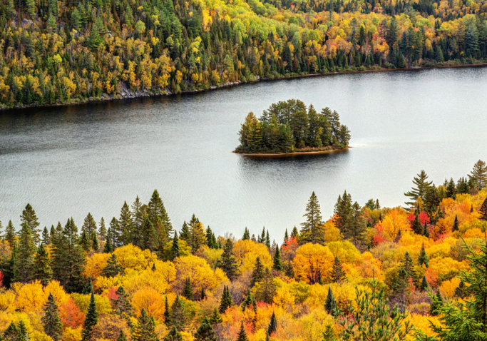 Island in a river with forests on both sides of a body of water. Trees changing colours during the fall.