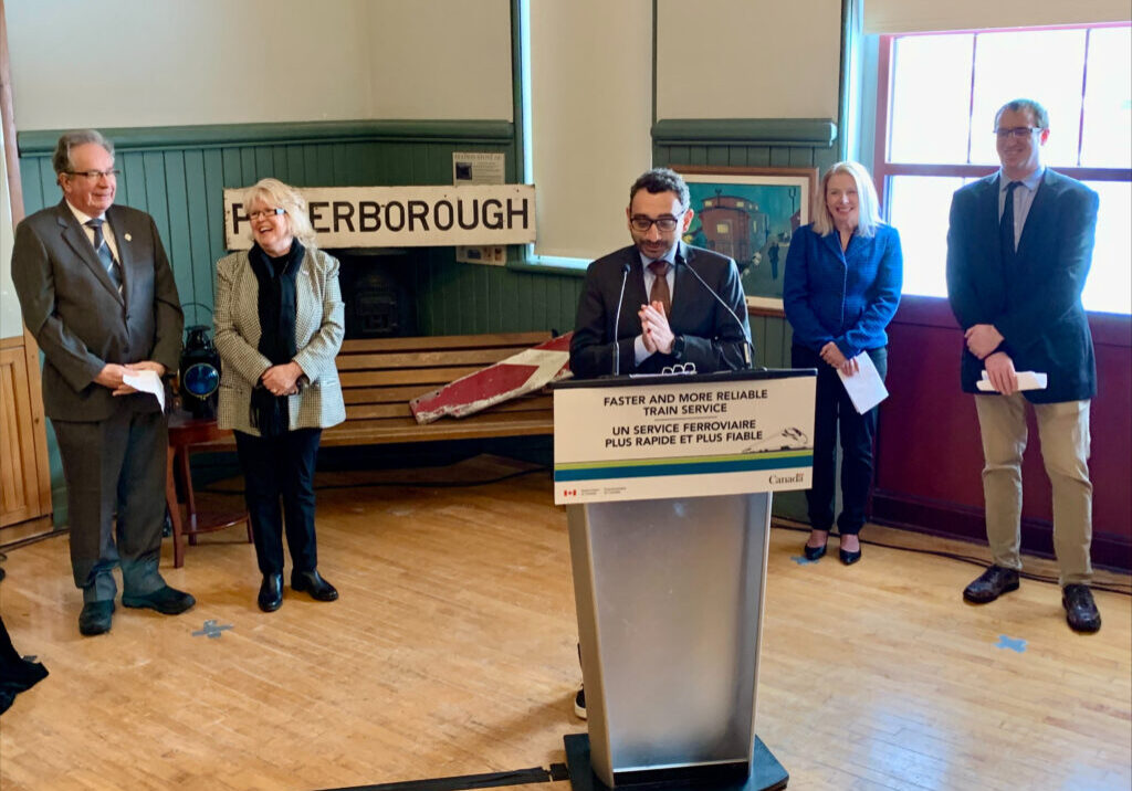 His Worship Jeff Leal, Mayor of Peterborough; Bonnie Clark, Peterborough Warden; the Honourable Omar Alghabra, Minister of Transport; Sarah Budd, President and CEO, Peterborough and Kawartha's Chamber of Commerce; at the February 23 update on the next steps for the HFR project in Peterborough, Ontario.